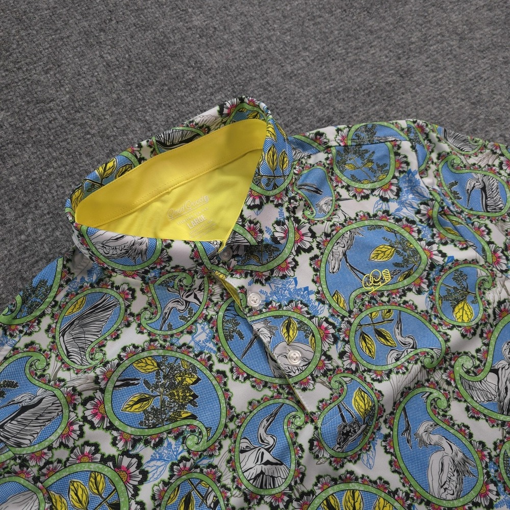 Good Good Polo Shirt Mens Large Paisley Bird Print Golf Performance Stretch